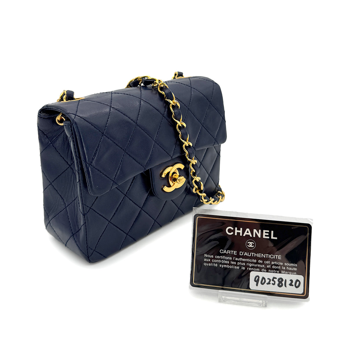 CHANEL VINTAGE MINI SQUARE 17 CHAIN SHOULDER BAG NAVY LAMB SKIN 90258120