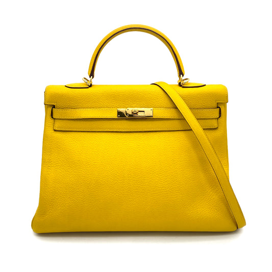HERMES KELLY 35 RETOURNE JAUNE TAURILLON CLEMENCE HAND SHOULDER BAG □G 90258358