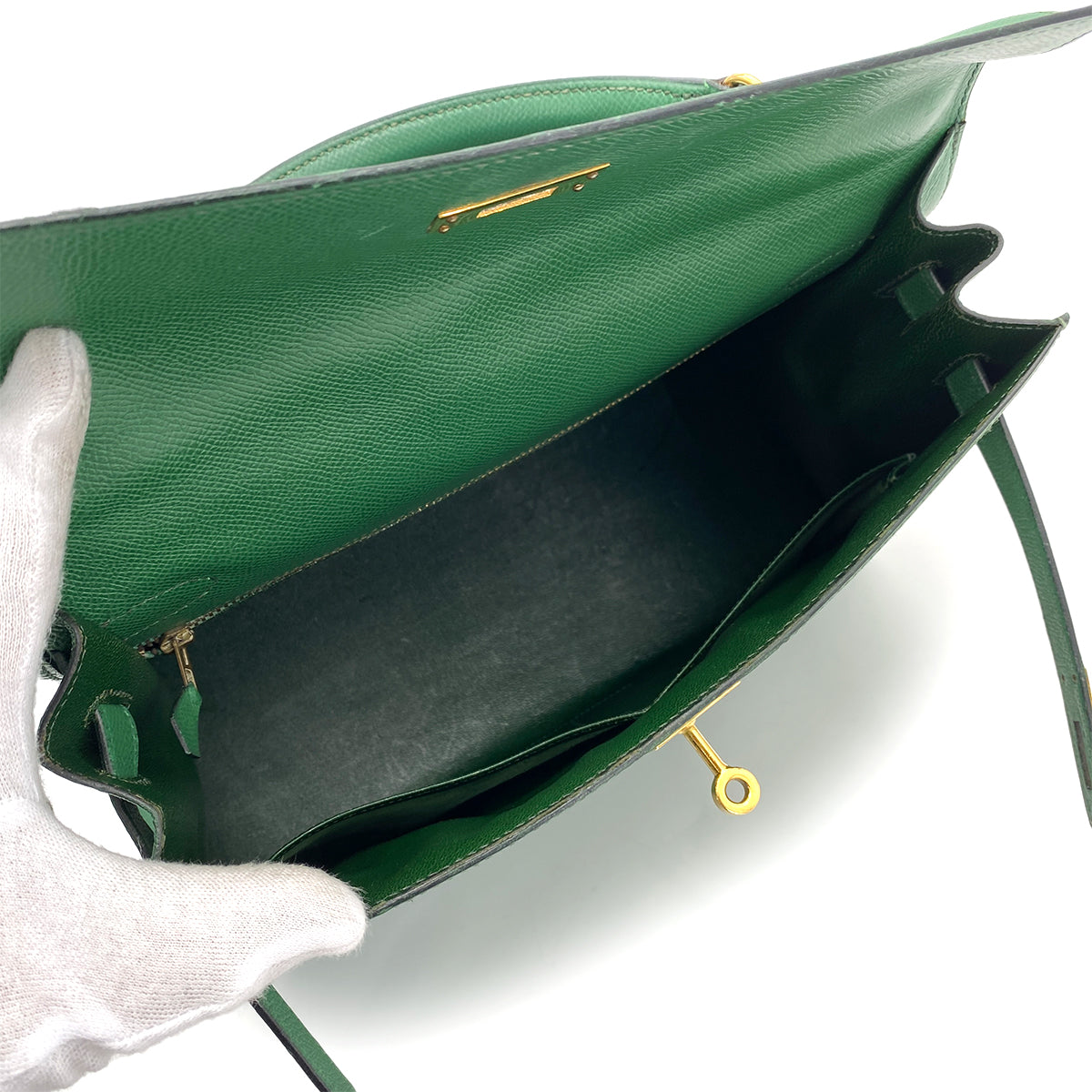 HERMES KELLY 32 SELLIER GREEN TYPE COUCHEVEL HAND SHOULDER BAG 〇U 90258362