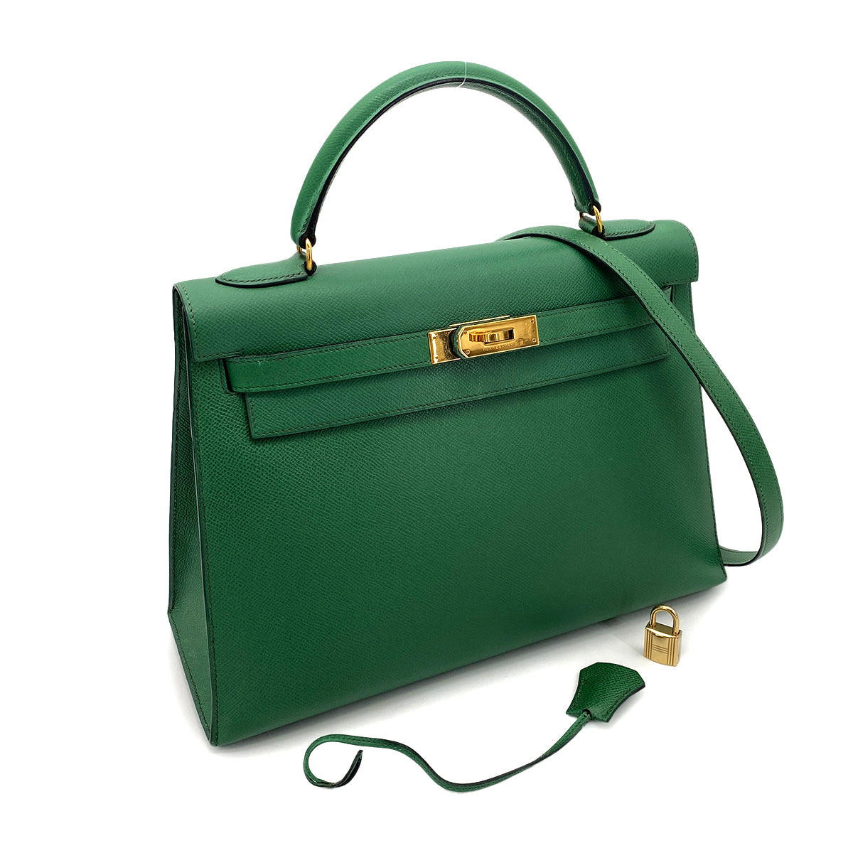 HERMES KELLY 32 SELLIER GREEN TYPE COUCHEVEL HAND SHOULDER BAG 〇U 90258362