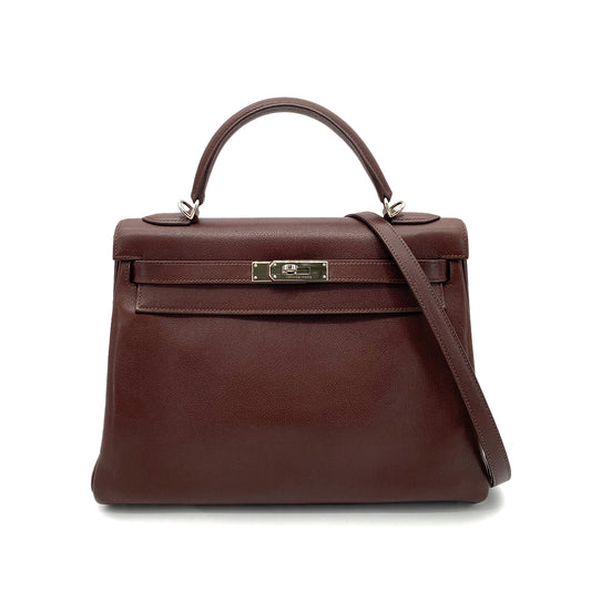 HERMES KELLY 32 RETOURNE BROWN TYPE VEAU GRAINE HAND SHOULDER BAG □J 90258463