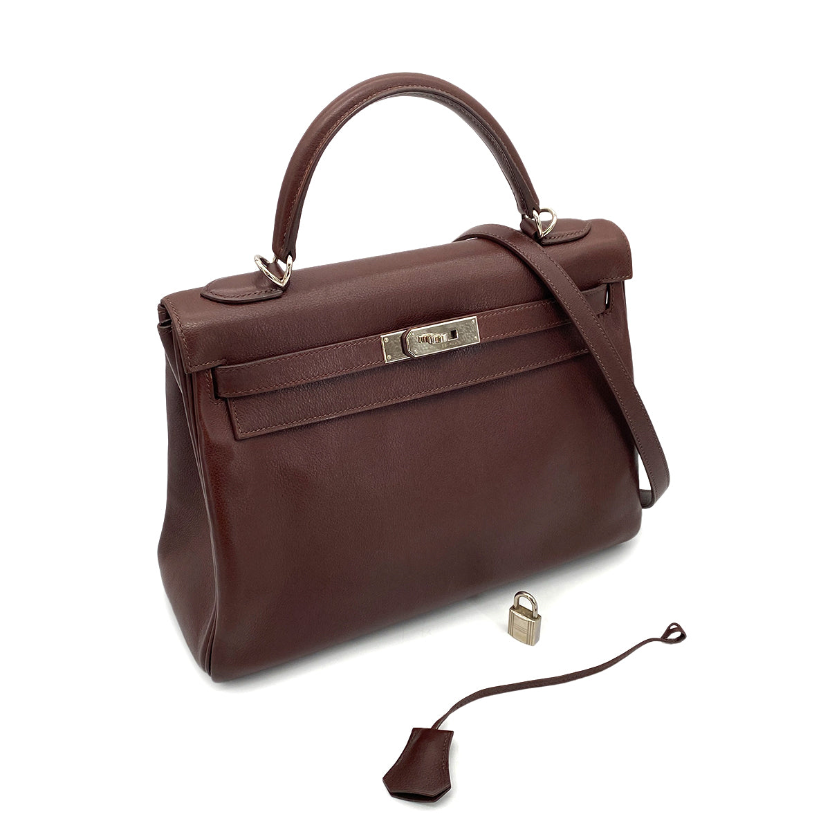 HERMES KELLY 32 RETOURNE BROWN TYPE VEAU GRAINE HAND SHOULDER BAG □J 90258463