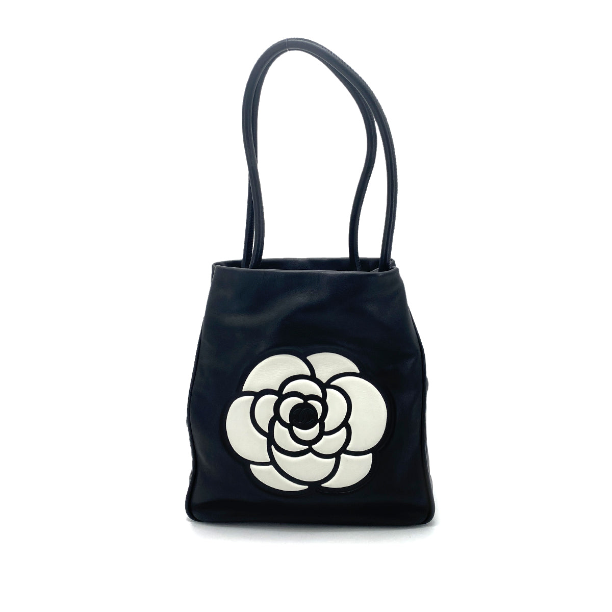 CHANEL VINTAGE  CAMELLIA LOGO TOTE BAG BLACK LAMB SKIN 90258471