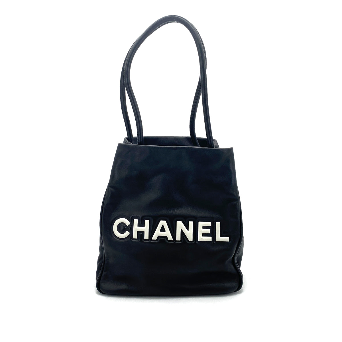 CHANEL VINTAGE  CAMELLIA LOGO TOTE BAG BLACK LAMB SKIN 90258471