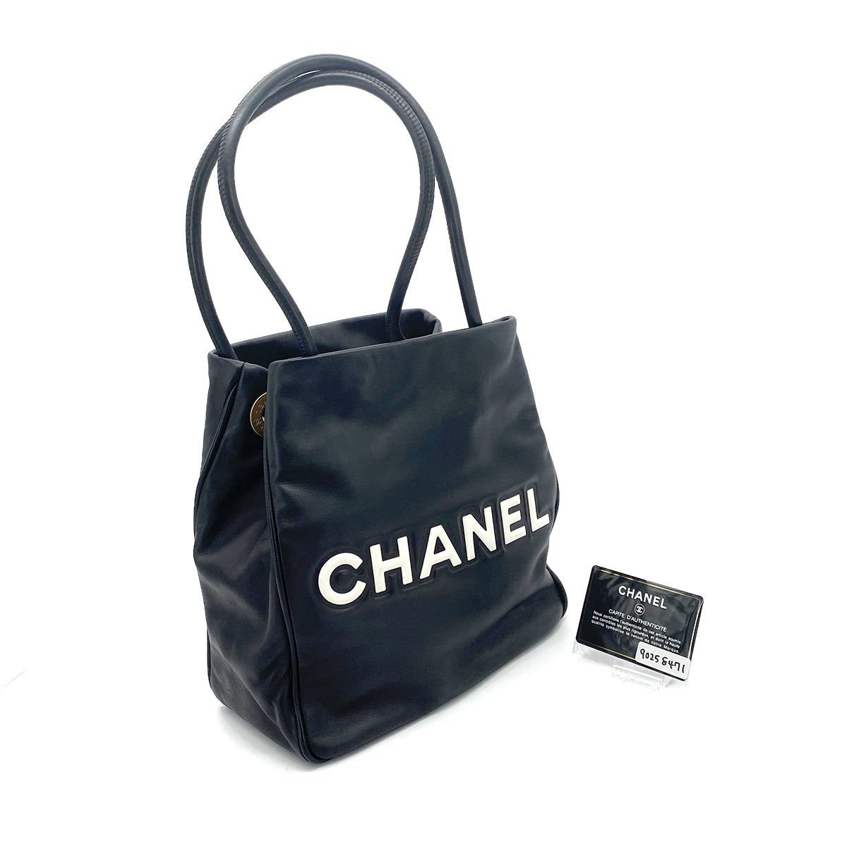 CHANEL VINTAGE  CAMELLIA LOGO TOTE BAG BLACK LAMB SKIN 90258471