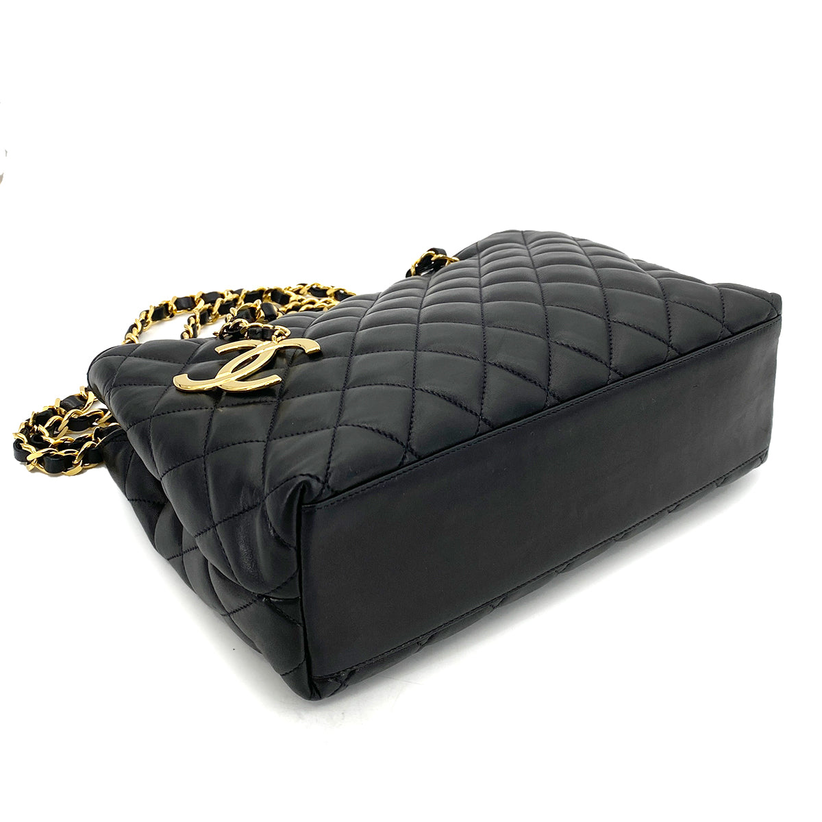 CHANEL VINTAGE DOUBLE CHAIN SHOULDER TOTE BAG BLACK LAMB SKIN 90258500