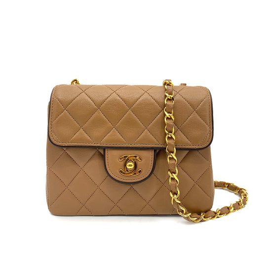 CHANEL VINTAGE MINI SQUARE 17 CHAIN SHOULDER BAG  BICOLOR CAMEL BROWN LAMB SKIN 90258502