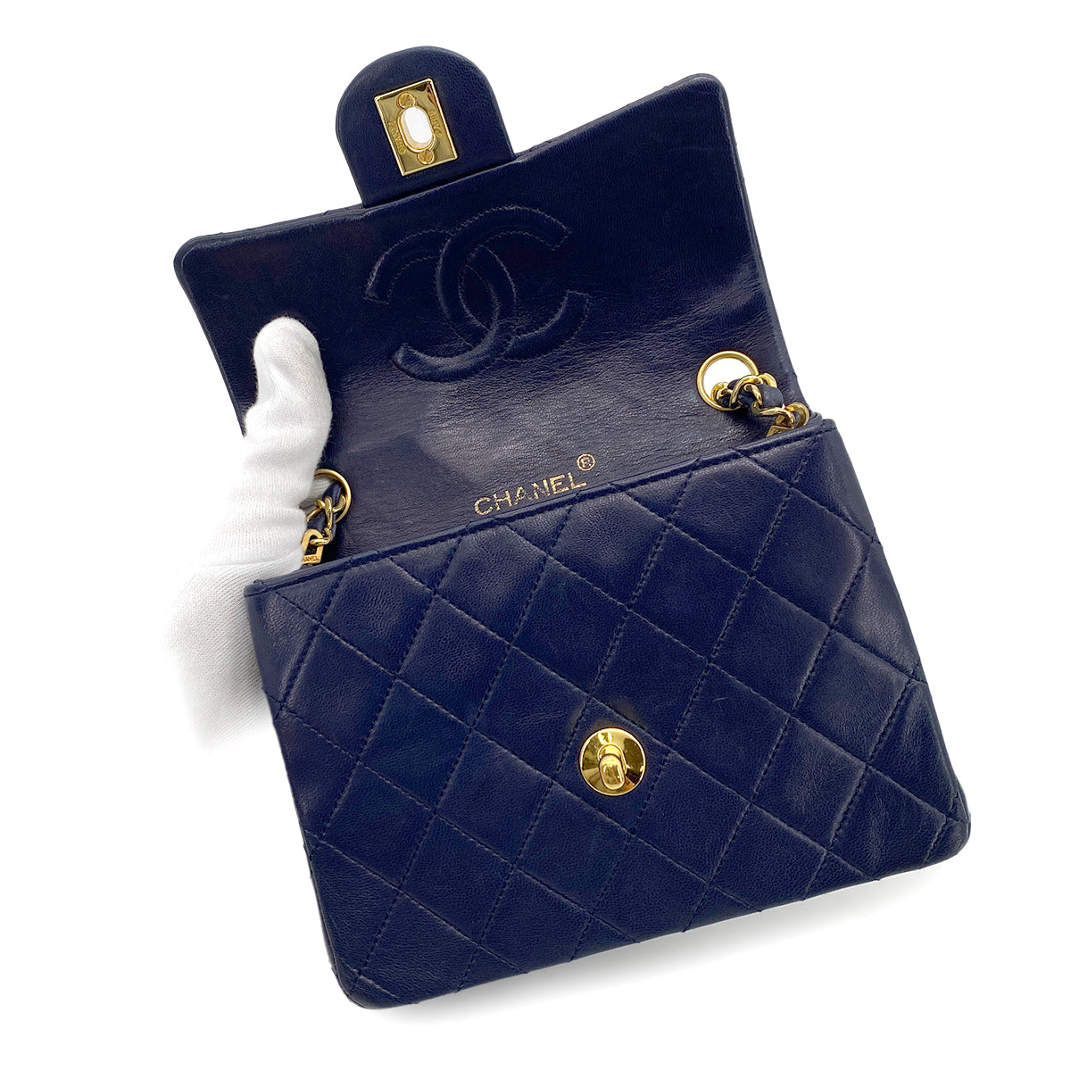 CHANEL VINTAGE MINI SQUARE 17 CHAIN SHOULDER BAG NAVY LAMB SKIN 90258506