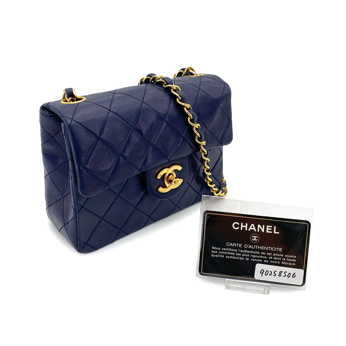CHANEL VINTAGE MINI SQUARE 17 CHAIN SHOULDER BAG NAVY LAMB SKIN 90258506