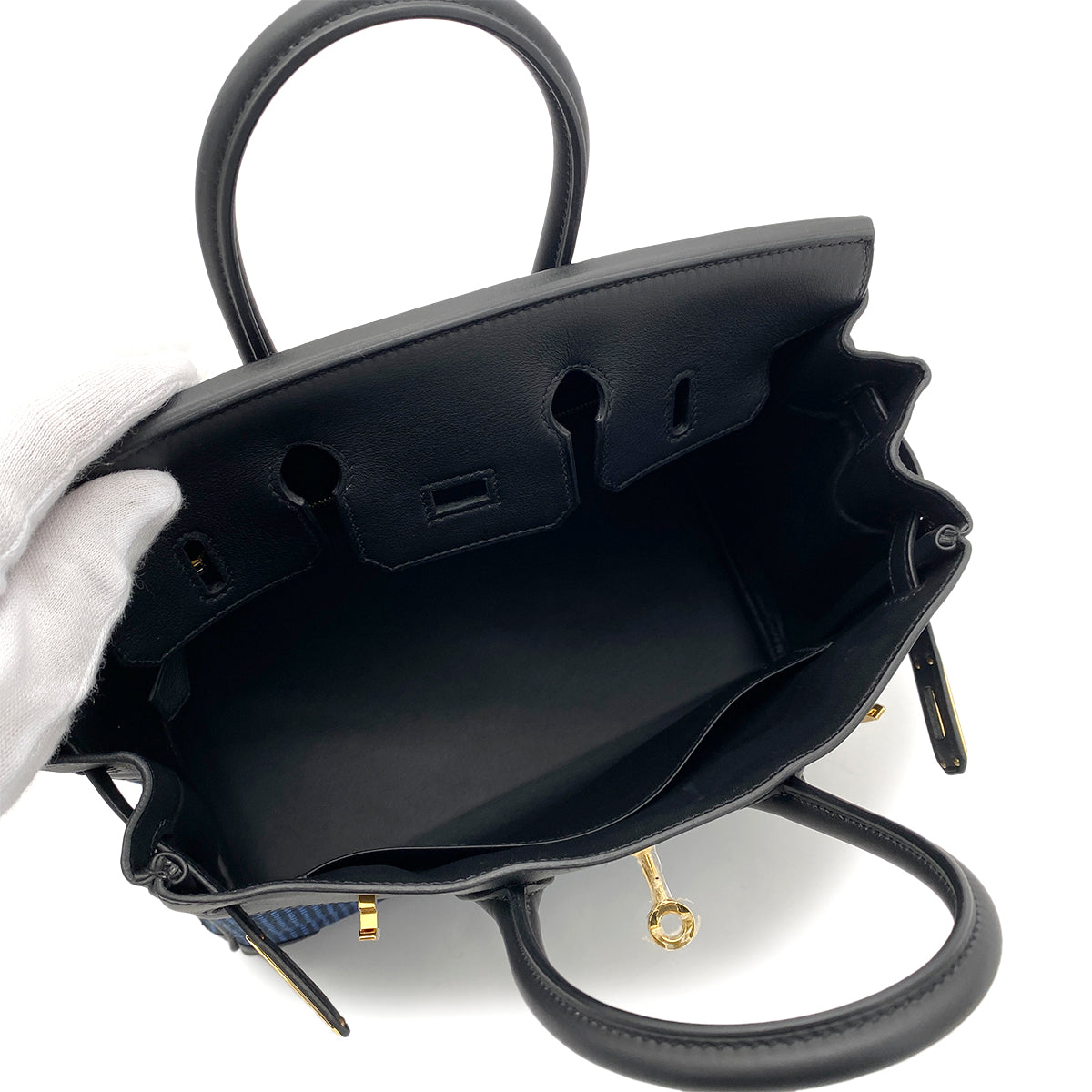 HERMES BIRKIN 25 NOIR NAVY TOILE QUADRILLE SWIFT HAND BAG W GHW 90258510