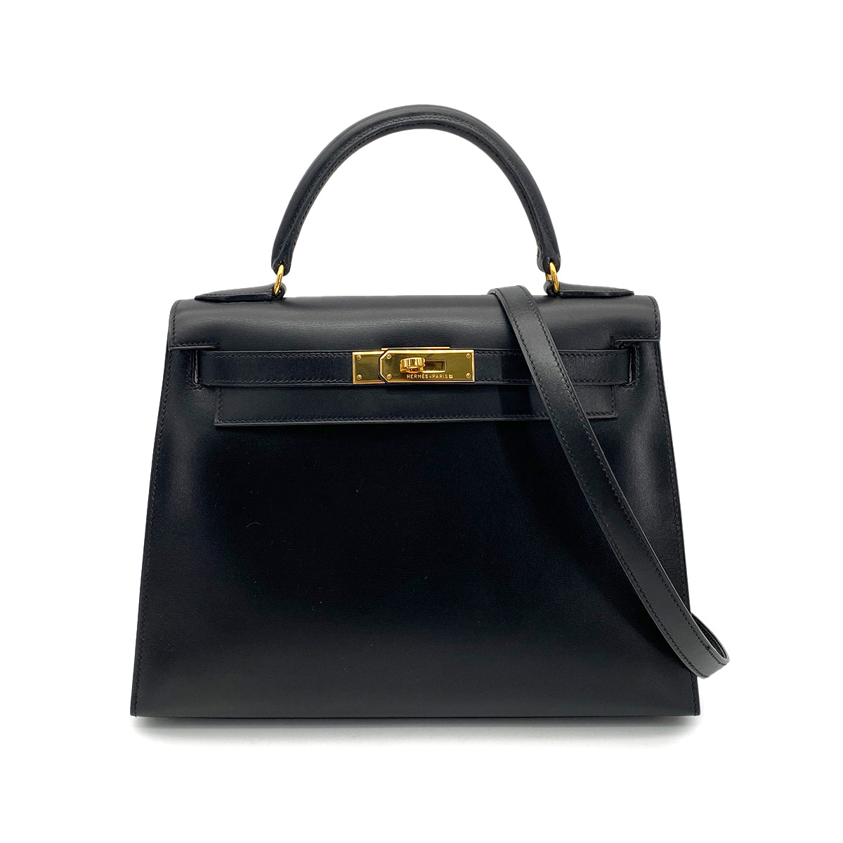 HERMES KELLY 28 SELLIER BLACK BOXCALF HAND SHOULDER BAG □A GHW 90258519