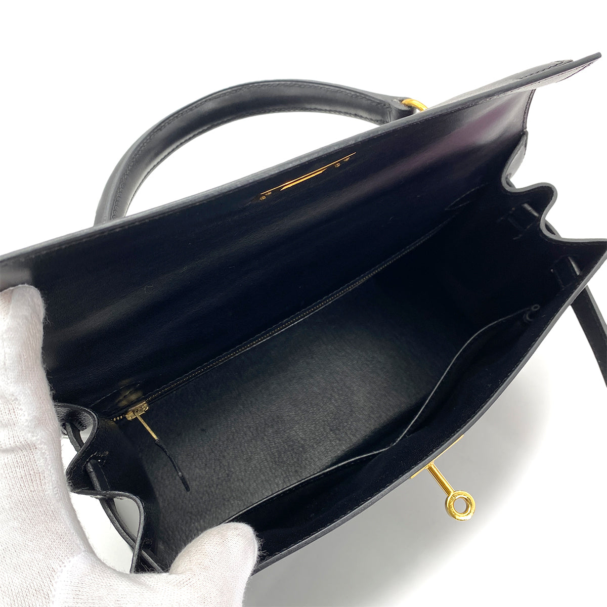 HERMES KELLY 28 SELLIER BLACK BOXCALF HAND SHOULDER BAG □A GHW 90258519
