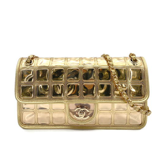 CHANEL VINTAGE ICE CUBE CHAIN SHOULDER BAG GOLD VINYL LAMB SKIN 90258815