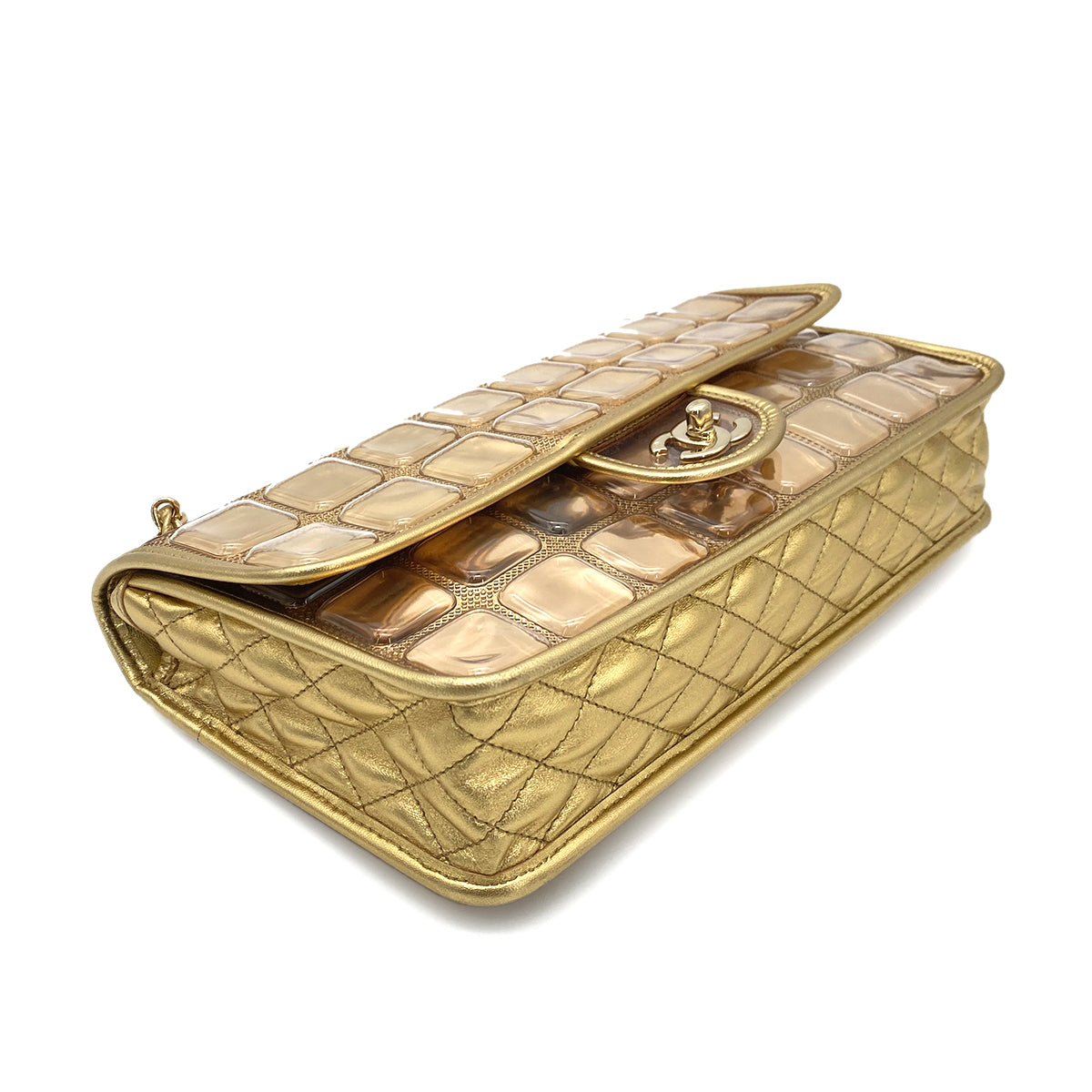 CHANEL VINTAGE ICE CUBE CHAIN SHOULDER BAG GOLD VINYL LAMB SKIN 90258815