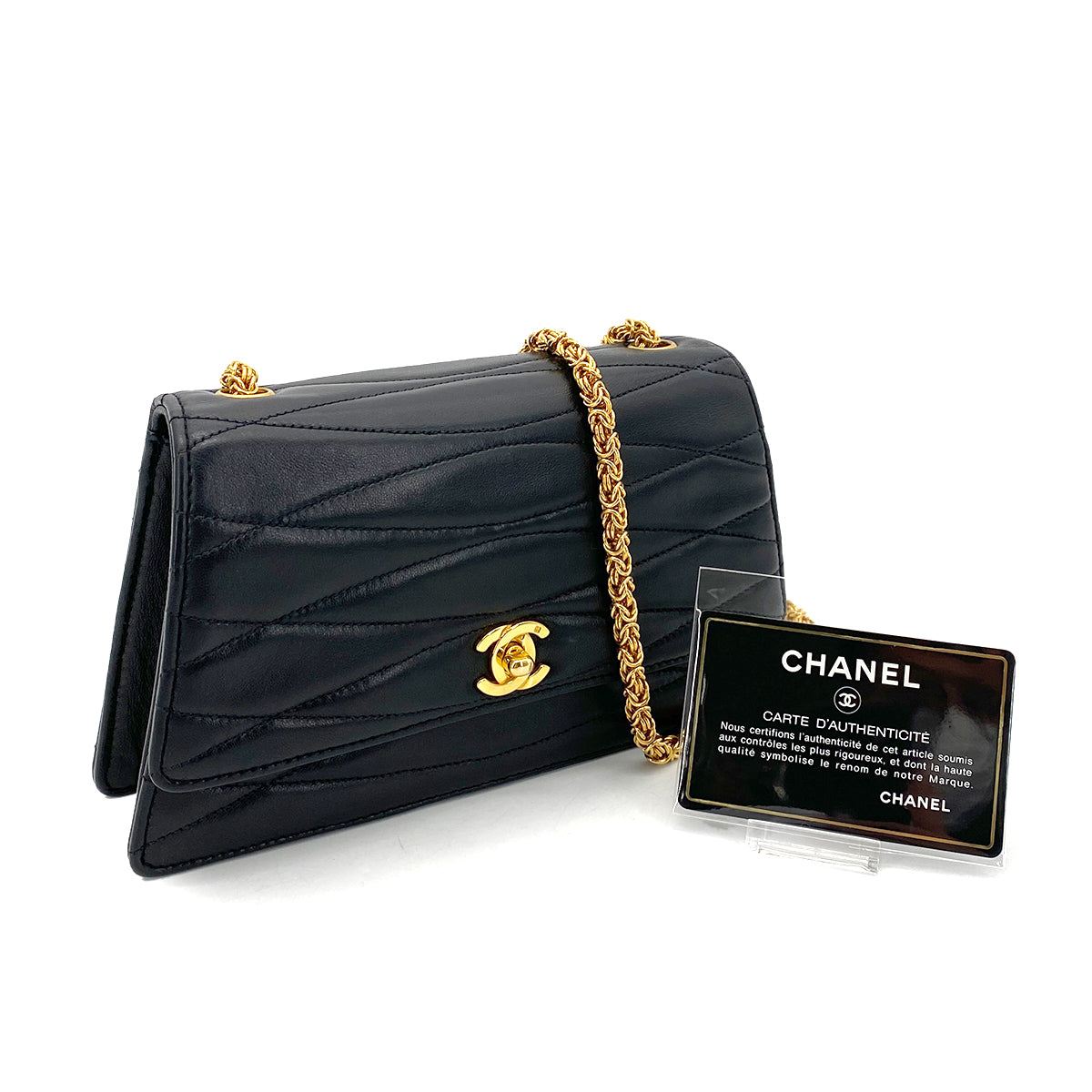CHANEL WAVE STITCH CHAIN SHOULDER BAG BLACK LAMB SKIN 90258822