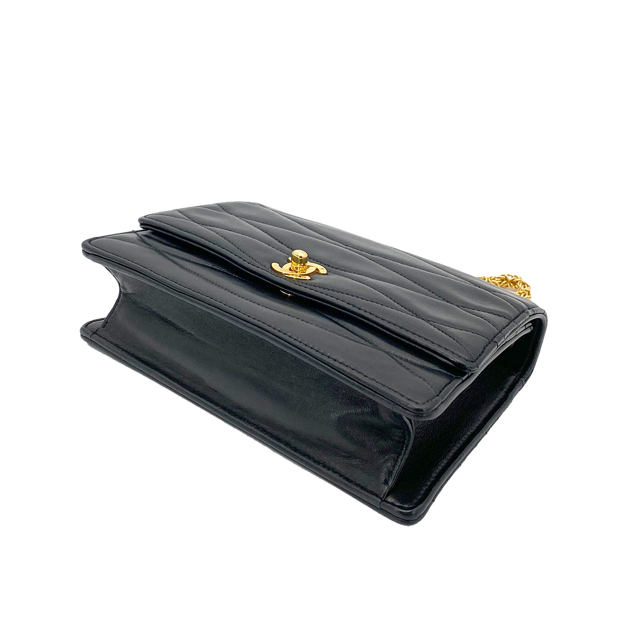 CHANEL WAVE STITCH CHAIN SHOULDER BAG BLACK LAMB SKIN 90258822