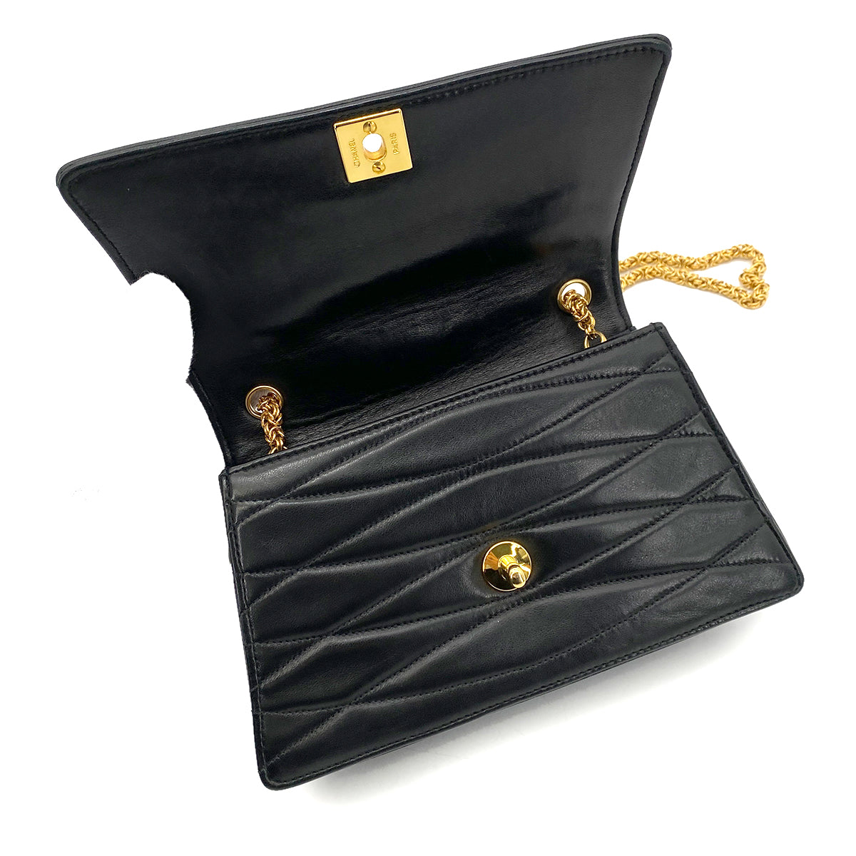 CHANEL WAVE STITCH CHAIN SHOULDER BAG BLACK LAMB SKIN 90258822