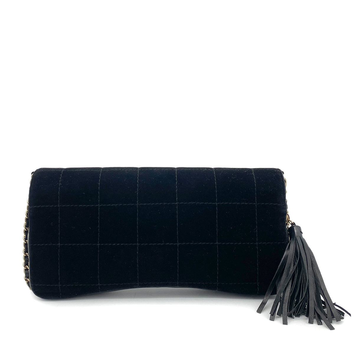 CHANEL VINTAGE CHOCOLATE BAR FRINGE SHOULDER BAG BLACK VELOR 90258846