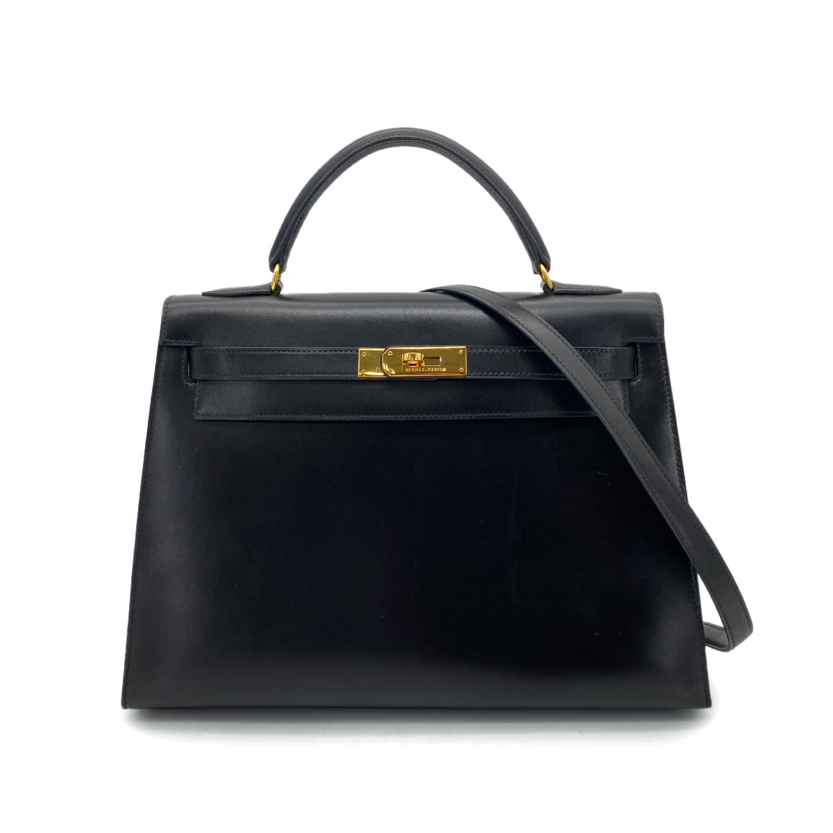 HERMES KELLY 32 SELLIER BLACK BOX CALF HAND SHOULDER BAG 〇V GHW 90258877
