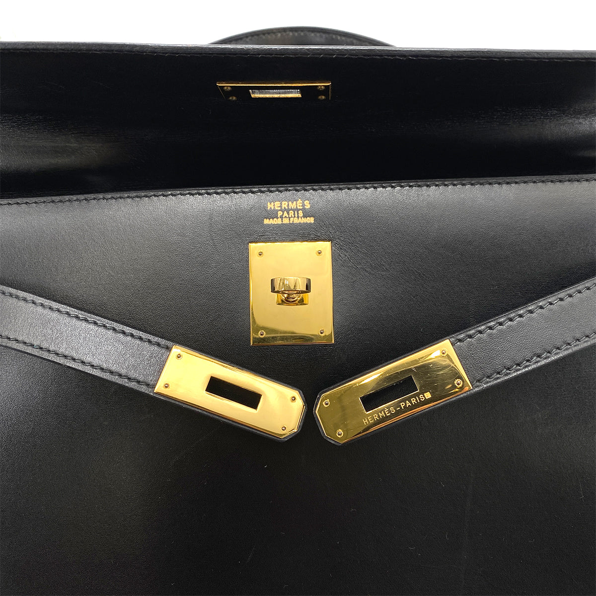 HERMES KELLY 32 SELLIER BLACK BOX CALF HAND SHOULDER BAG 〇V GHW 90258877