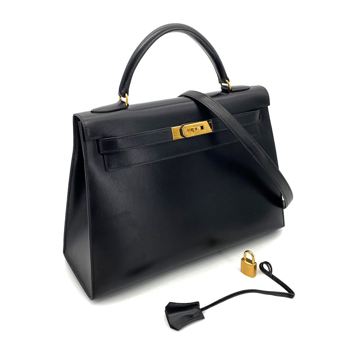 HERMES KELLY 32 SELLIER BLACK BOX CALF HAND SHOULDER BAG 〇V GHW 90258877