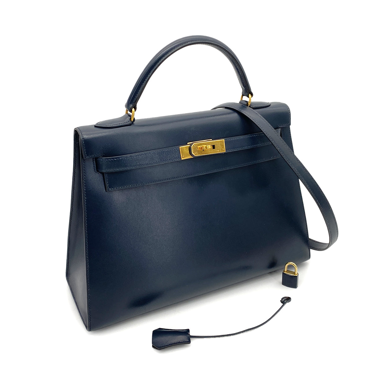 HERMES KELLY 32 SELLIER BLUE INDIGO BOXCALF HAND SHOULDER BAG 〇X GHW 90258889