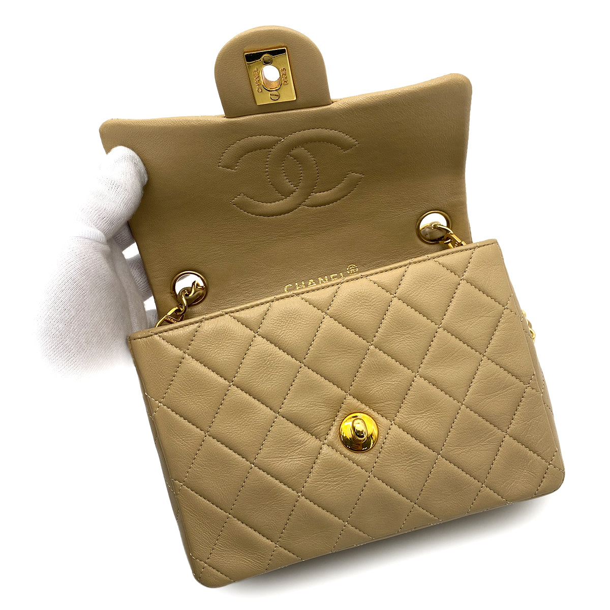 CHANEL VINTAGE MINI SQUARE 17 CHAIN SHOULDER BAG BEIGE LAMB SKIN 90258895