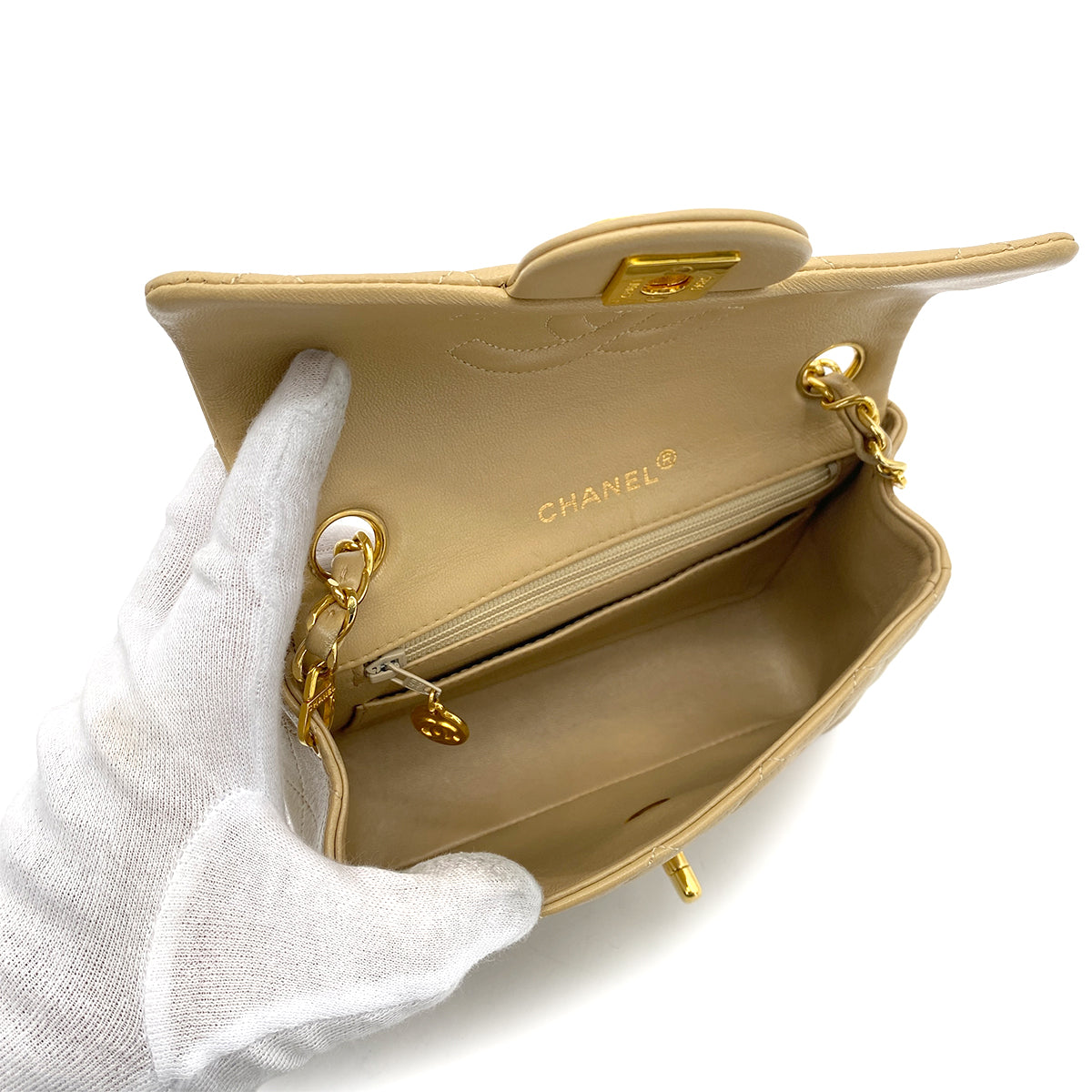 CHANEL VINTAGE MINI SQUARE 17 CHAIN SHOULDER BAG BEIGE LAMB SKIN 90258895