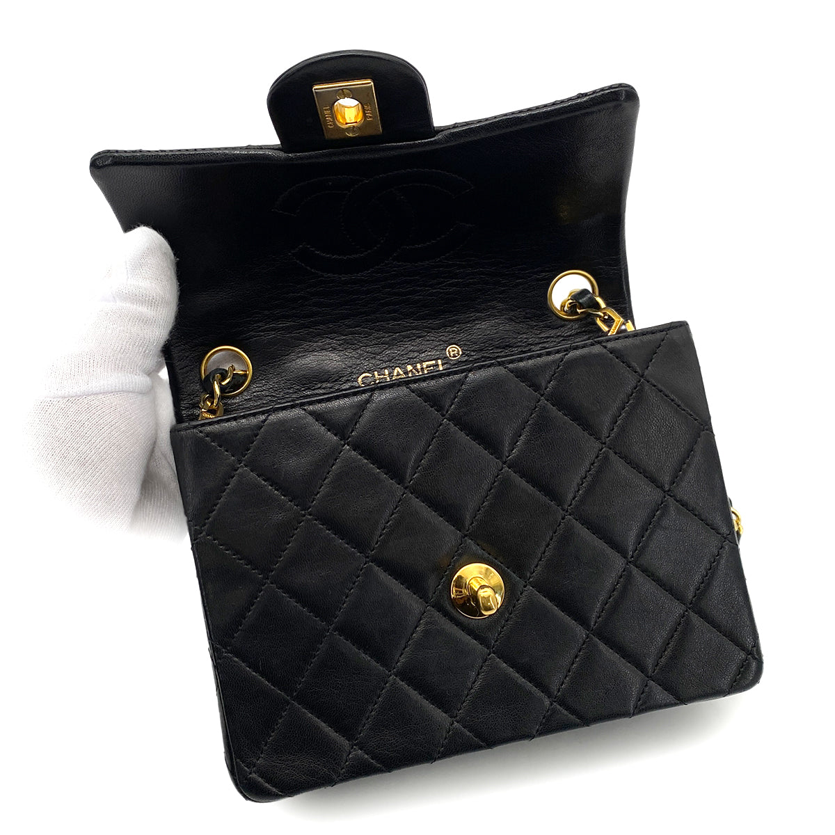 CHANEL VINTAGE MINI SQUARE 17 CHAIN SHOULDER BAG BLACK LAMB SKIN 90258903