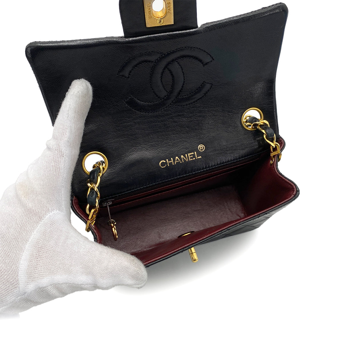 CHANEL VINTAGE MINI SQUARE 17 CHAIN SHOULDER BAG BLACK LAMB SKIN 90258903