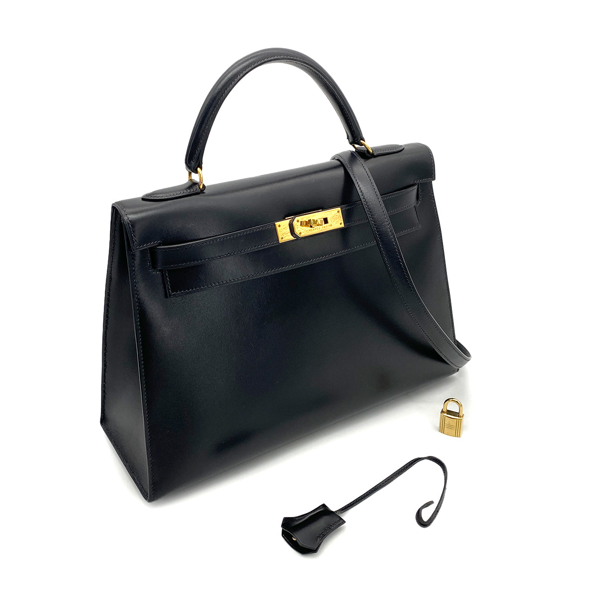HERMES KELLY 32 SELLIER BLACK BOX CALF HAND SHOULDER BAG 〇X GHW 90258908
