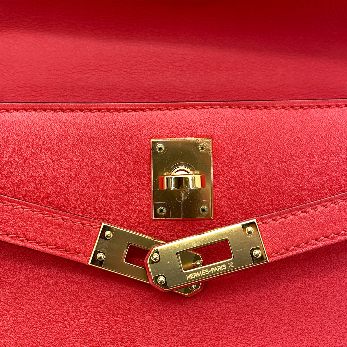 HERMES KELLY POCHETTE SELLIER ROUGE TOMATE SWIFT HAND BAG X GHW 90258911