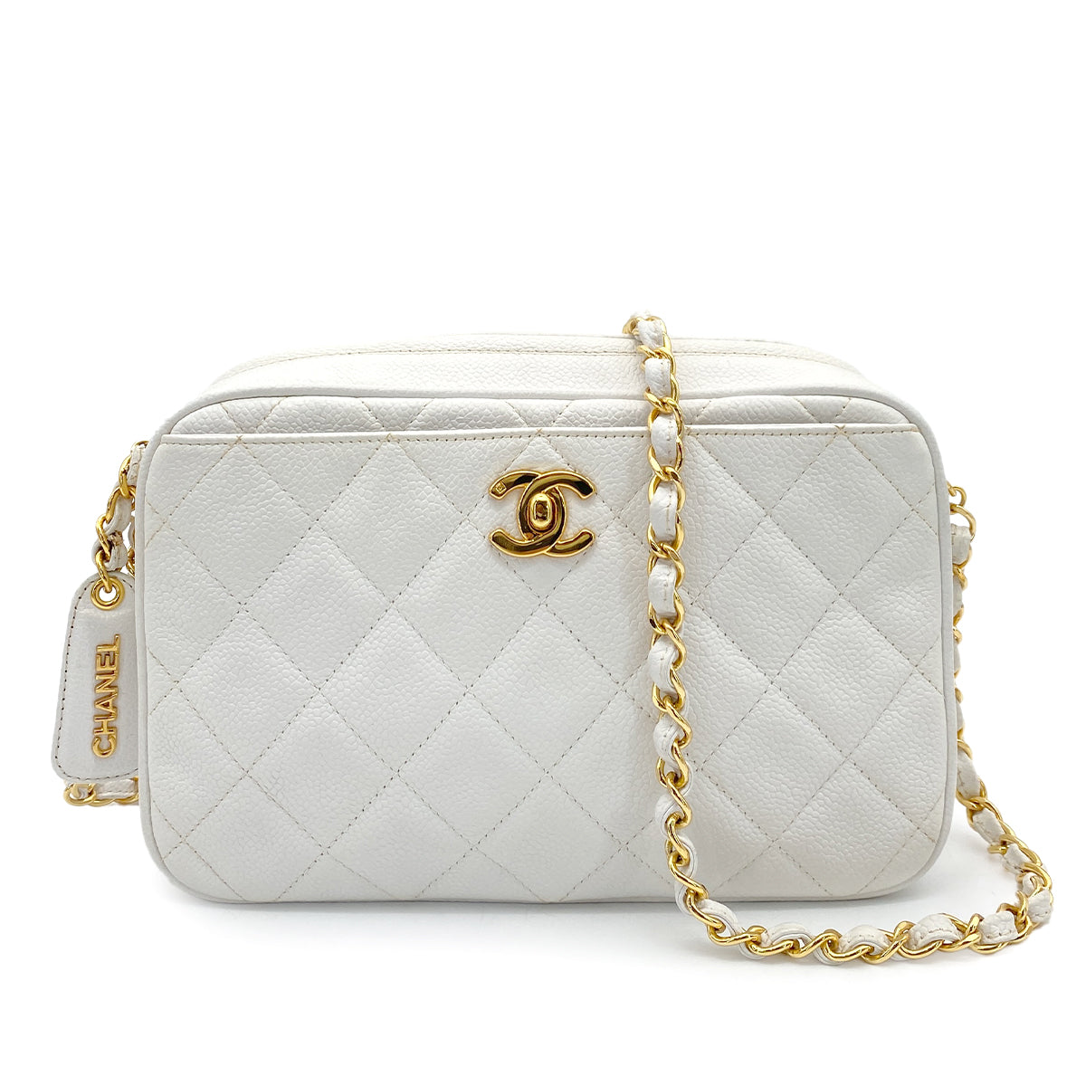 CHANEL VINTAGE MATELASSE CHAIN SHOULDER BAG WHITE CAVIAR SKIN 90258124