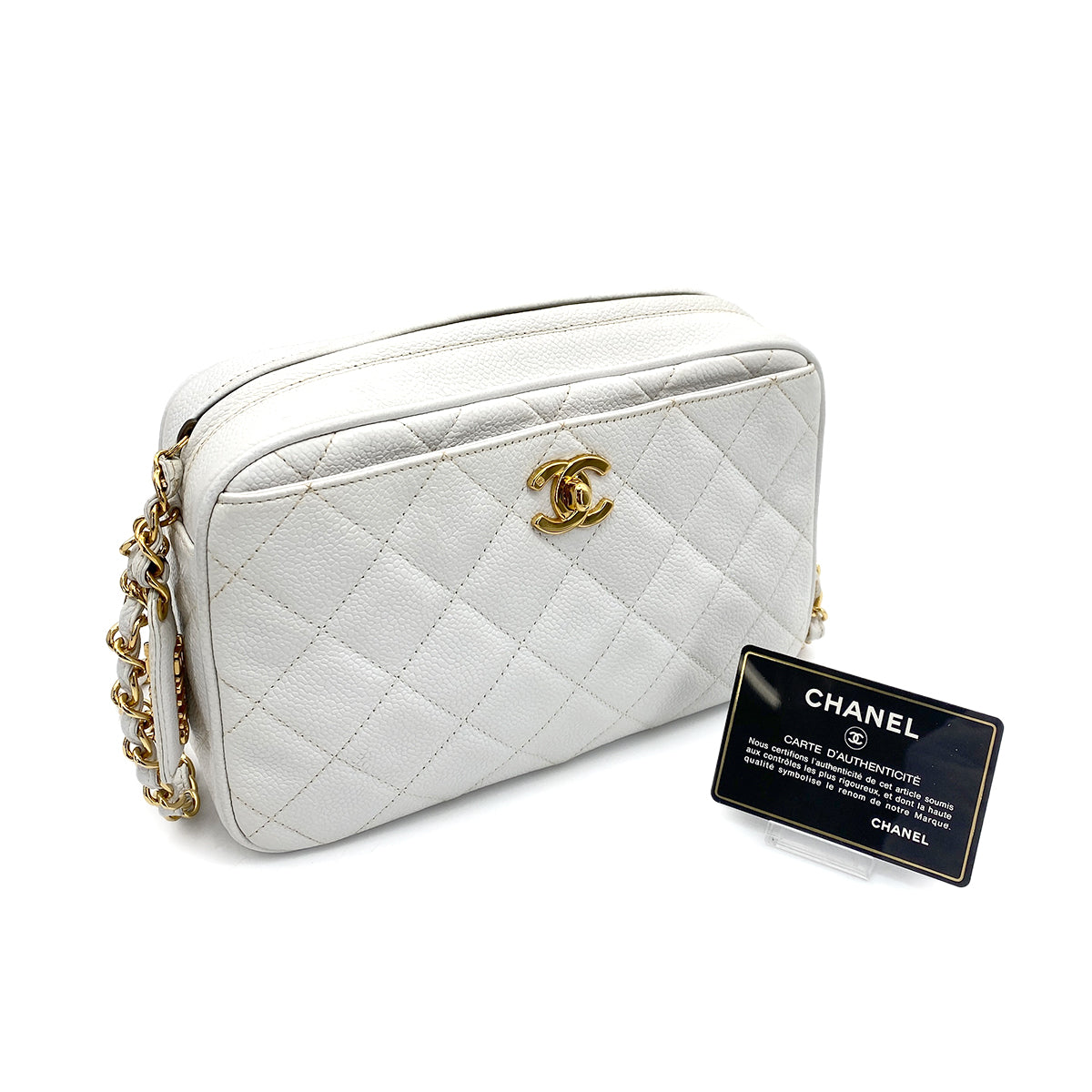 CHANEL VINTAGE MATELASSE CHAIN SHOULDER BAG WHITE CAVIAR SKIN 90258124