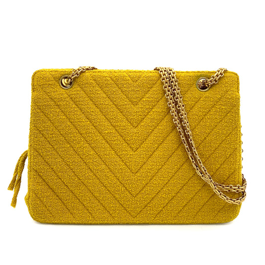 CHANEL VINTAGE CHEVRON CHAIN SHOULDER BAG YELLOW PILE FABRIC 90259128