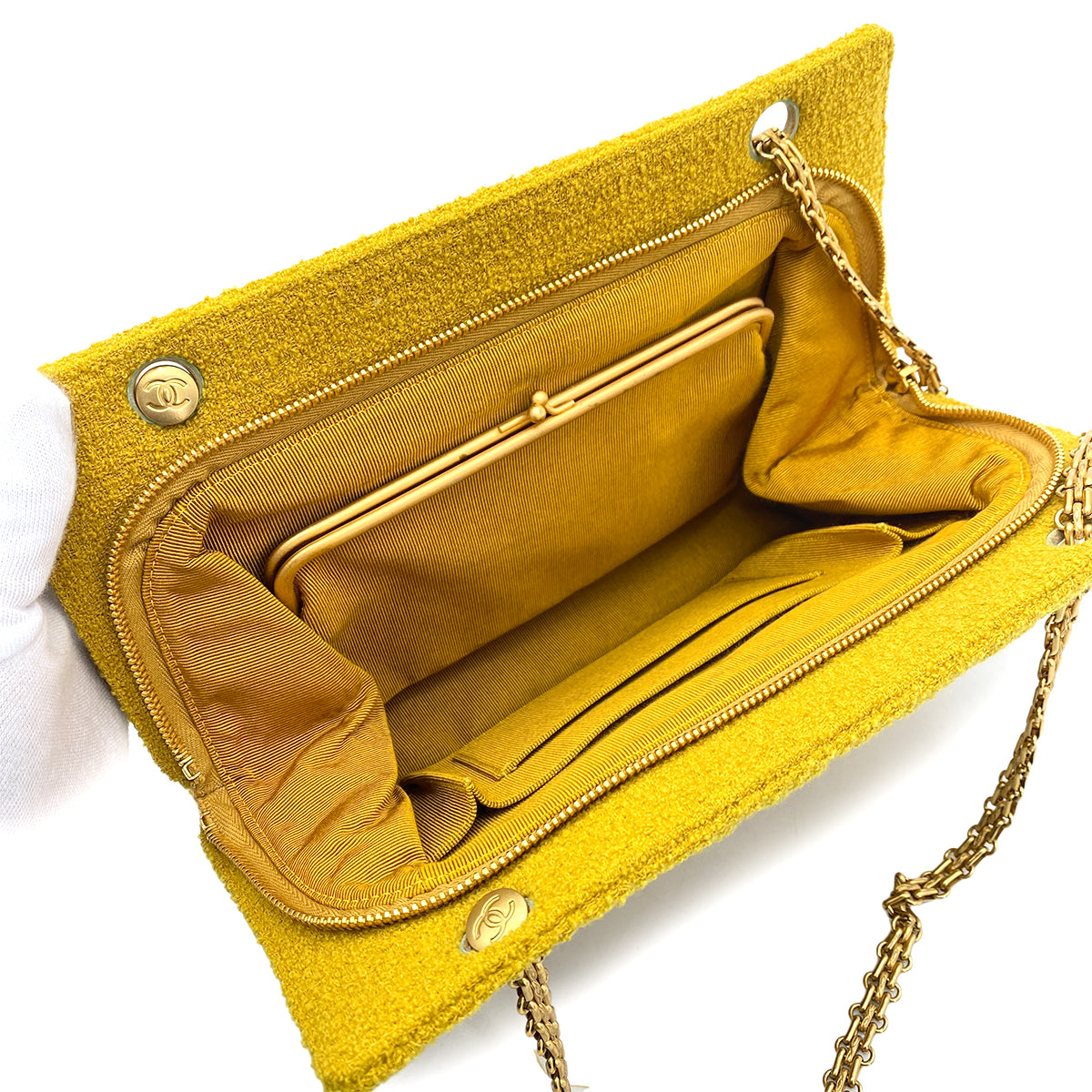 CHANEL VINTAGE CHEVRON CHAIN SHOULDER BAG YELLOW PILE FABRIC 90259128