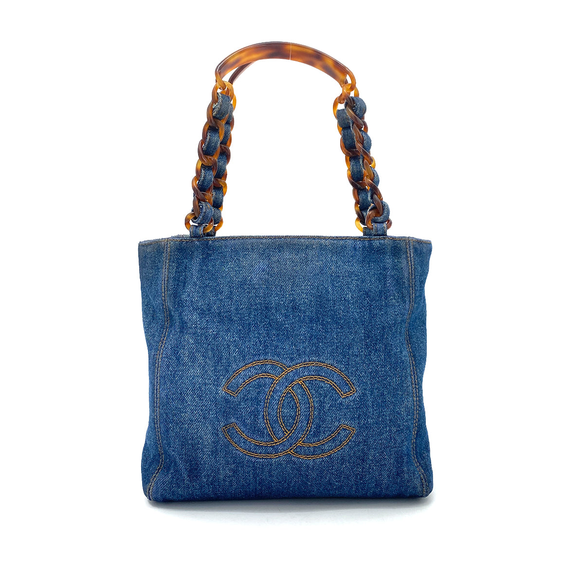 CHANEL VINTAGE DENIM DECACOCO TORTOISESHELL HANDLE CHAIN TOTE BAG 90259139