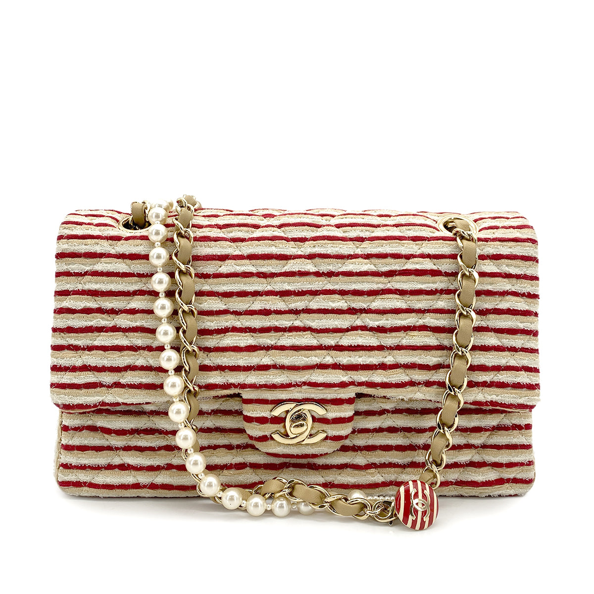 CHANEL COCO SAILOR MATELASSE SHOULDER BAG BEIGE RED CANVAS LEATHER 90259141