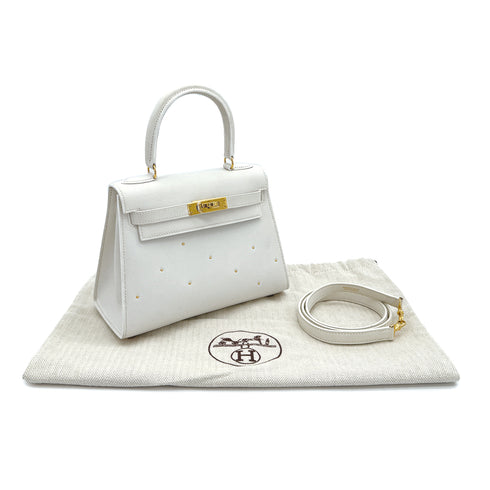 HERMES MINI KELLY 20 WHITE EVERCOLOR STUDS HAND SHOULDER BAG 1994 CIRCLE X GOLD HARDWARE 90259701