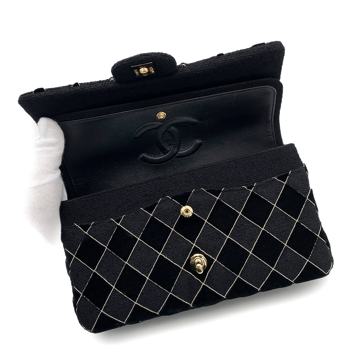 CHANEL MATELASSE MEDIUM CHAIN SHOULDER BAG BLACK TWEED VELOR 90259736