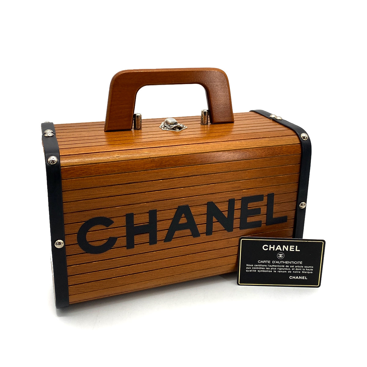 CHANEL VINTAGE WOOD VANITY HAND BAG WOOD LEATHER BROWN 90259737