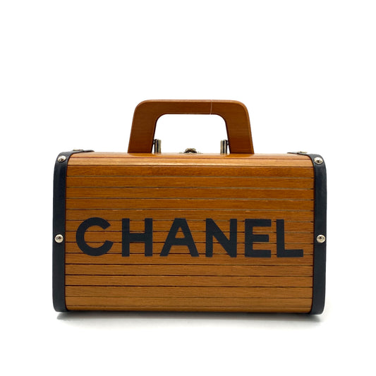 CHANEL VINTAGE WOOD VANITY HAND BAG WOOD LEATHER BROWN 90259737