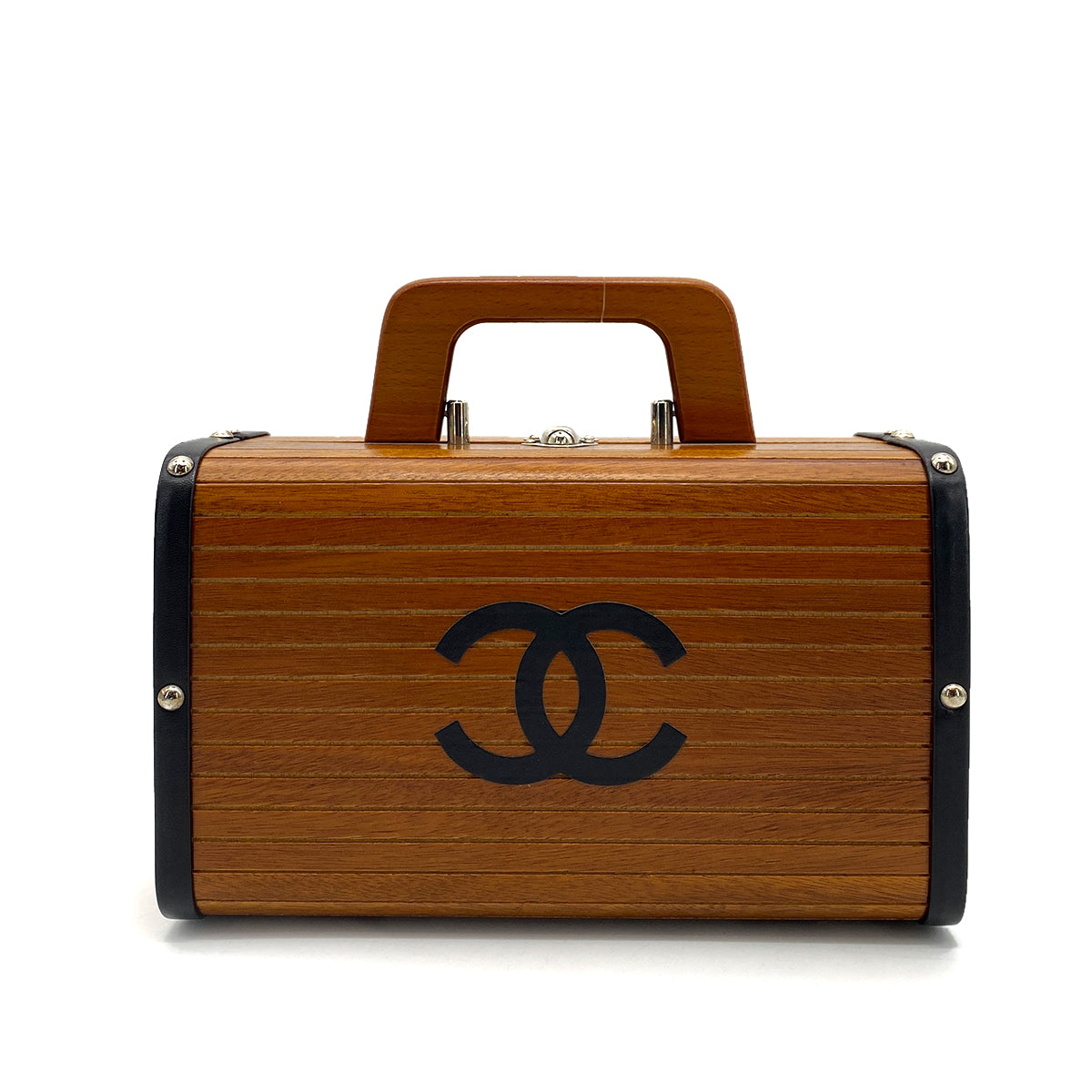 CHANEL VINTAGE WOOD VANITY HAND BAG WOOD LEATHER BROWN 90259737