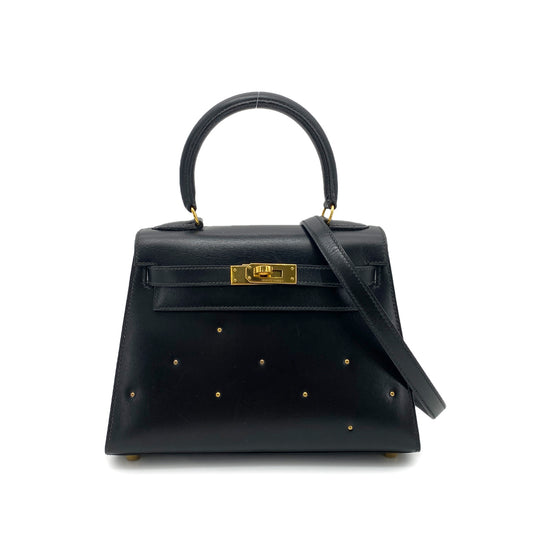 HERMES MINI KELLY 20 BLACK BOXCALF STUDS HAND SHOULDER BAG 〇X GHW 90259869