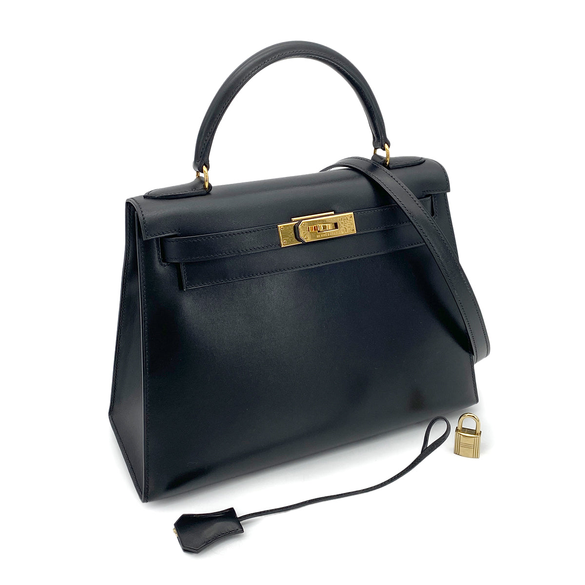HERMES KELLY 28 SELLIER BLACK BOXCALF HAND SHOULDER BAG □A GHW 90259876