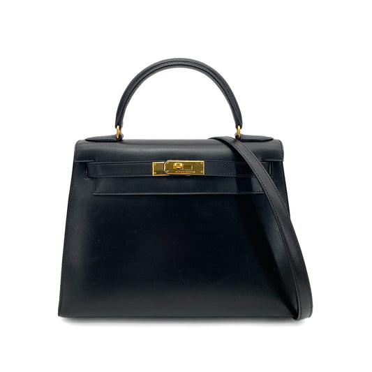 HERMES KELLY 28 SELLIER BLACK BOXCALF HAND SHOULDER BAG □A GHW 90259880