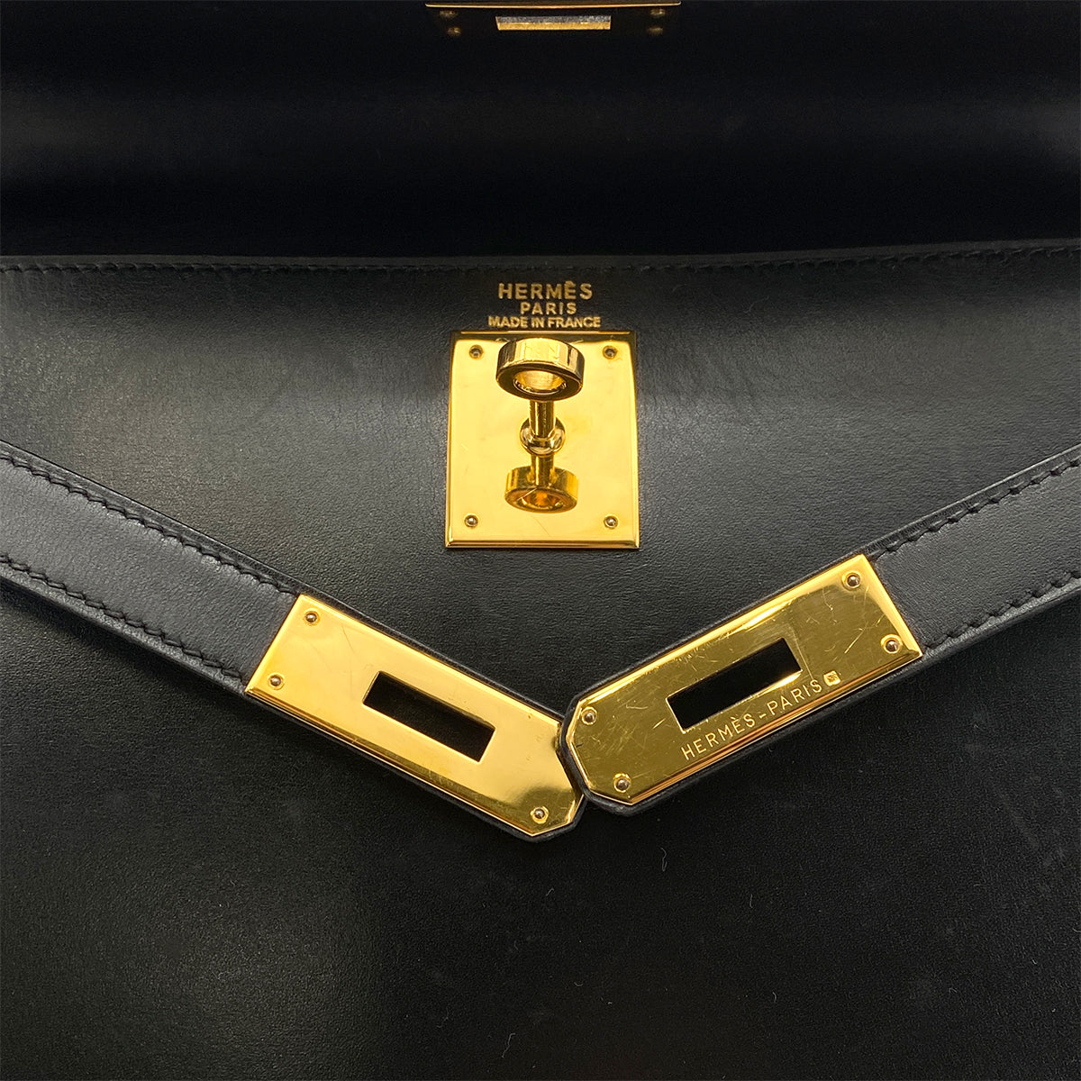 HERMES KELLY 28 SELLIER BLACK BOXCALF HAND SHOULDER BAG □A GHW 90259880
