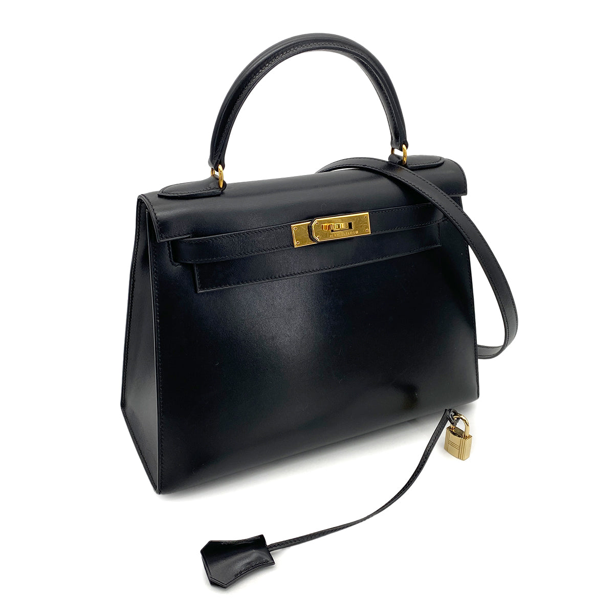 HERMES KELLY 28 SELLIER BLACK BOXCALF HAND SHOULDER BAG □A GHW 90259880