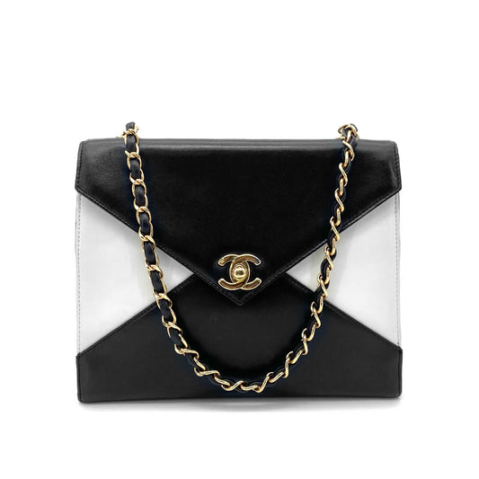 CHANEL VINTAGE CHAIN HAND BAG BLACK WHITE LAMB SKIN 90259891