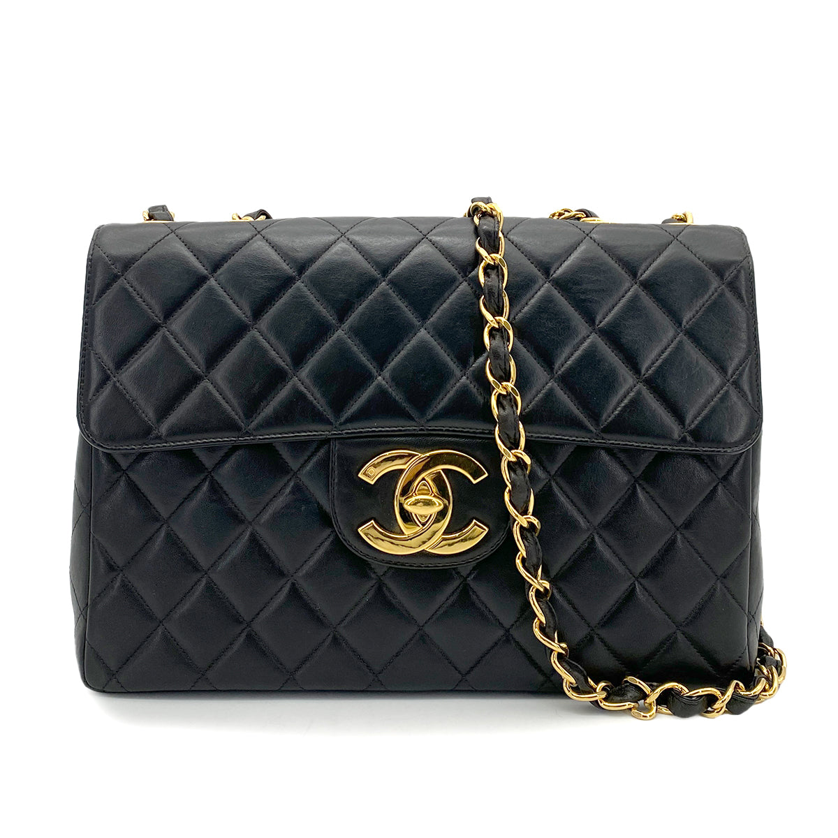 CHANEL VINTAGE JUMBO MATELASSE 30 CHAIN SHOULDER BAG BLACK LAMB SKIN 90259898